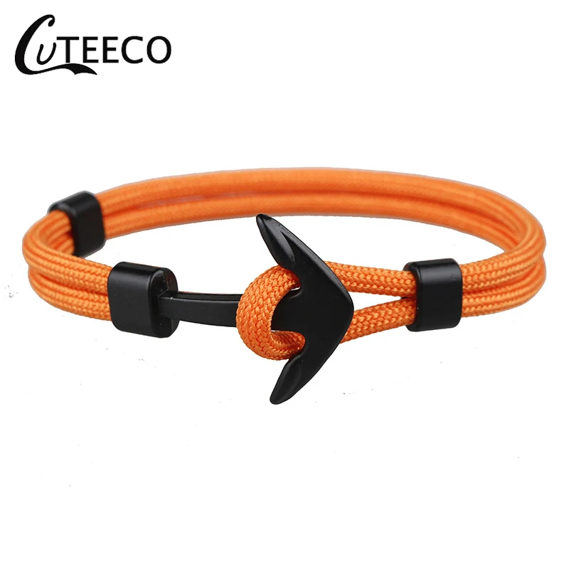 

CUTEECO New Fashion Black Anchor Bracelets Men Charm 550 Survival Rope Chain Paracord Bracelet Male Wrap Metal Sport Hooks