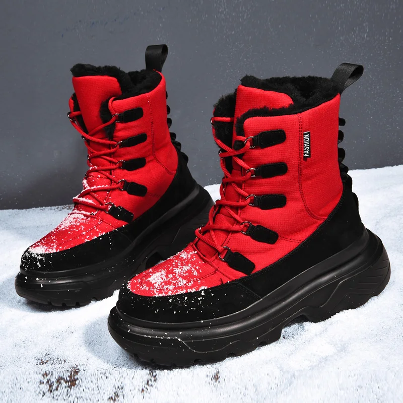 

Ifrich Fashion Red Boots For Men Height Increase Thick Soled Men Snow Boots Plus Size 46 Winter With Fur Men Boots Outdoor Shoes