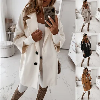 

2020 Hot Sale Solid Color Style Suit Autumn And Winter Mid-Length Buttons Cloth Woolen Coat Jacket Women Black White