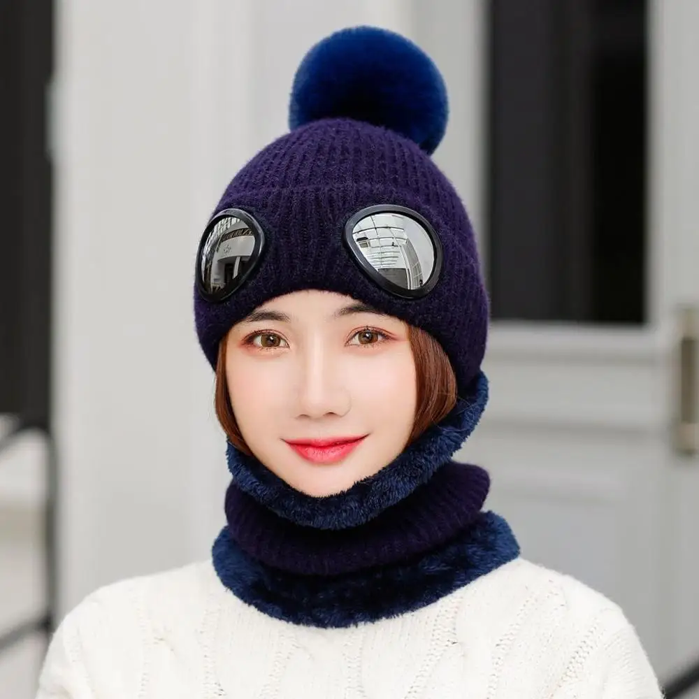 Зимняя шерстяная вязаная шапка для женщин, шарф Skullies Beanies, шапки для женщин, лыжные Съемные очки, шапки Gorras Bonnet, маски, шапки