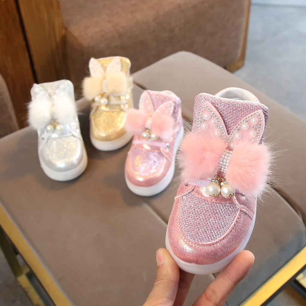 Милая детская повседневная обувь для малышей младенцев детей маленьких девочек мультфильм кролик светодиодный светящиеся спортивная обувь кроссовки для маленьких девочек 2 лет