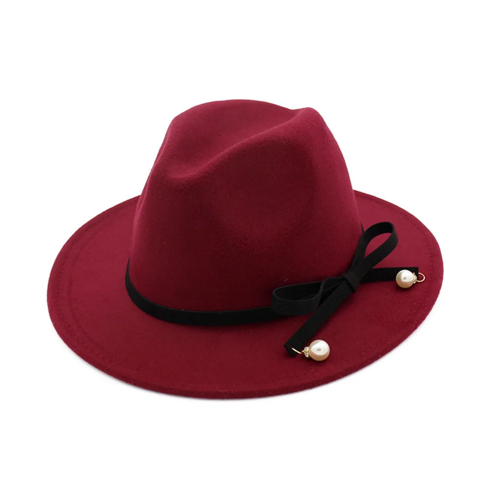 Wine Red Мужская и Женская шерстяная шляпа Fedora с бантом элегантные женские вечерние шляпка для церкви размер 56-58 см - Цвет: Wine Red