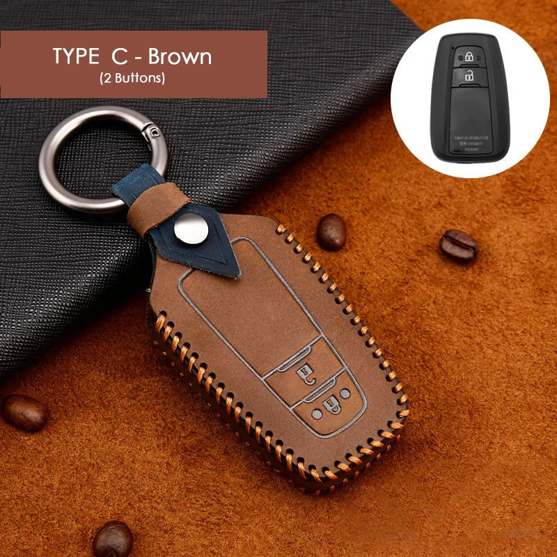 Type C - Brown Чехол для ключей от автомобиля из натуральной кожи, чехол для Toyota Camry Corolla C-HR CHR Prado Land Cruiser 200 Avensis Auris, автомобильный брелок - Название цвета: Type C - Brown