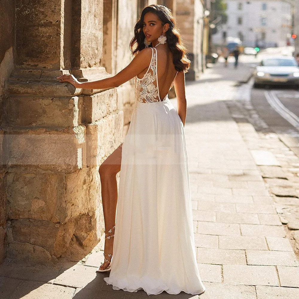 Bohemian Chiffon Deep V-Neck Wedding Dresses A-Line High Slit Open Back Sleeveless Lace Appliques Floor Length Bridal Gowns 2021 traditional wedding dresses