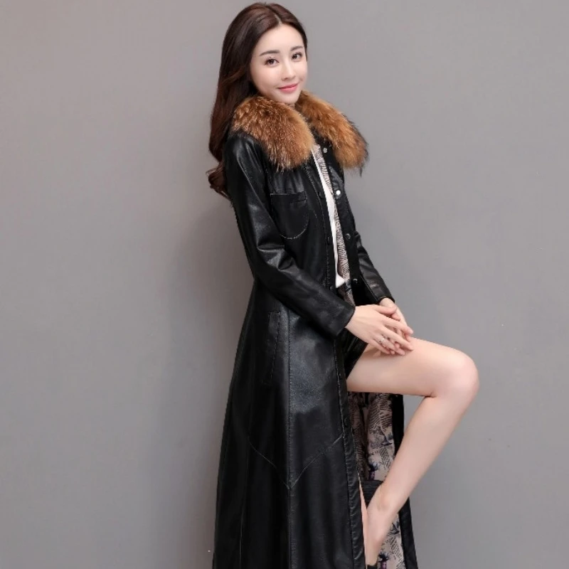 

Autumn 2020 Long High Quality Women Outerwear Large Size Female Faux Leather Coat Big Fur Collar Ladies PU Leather Overcoat New