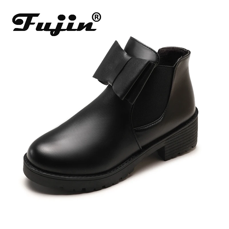 

Fujin Women Shoes Patent Leather Boots Black High Quality Shallow Comfortable Fleeces Fashion Booties Autumn Spring Dropshipping