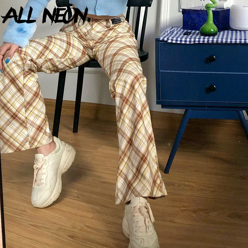 

ALLNeon Y2K Aesthetics Plaid Printing Flare Pants Vintage E-girl Mid Waist Baggy Trousers 90s Fashion Streetwear Retro Bottoms