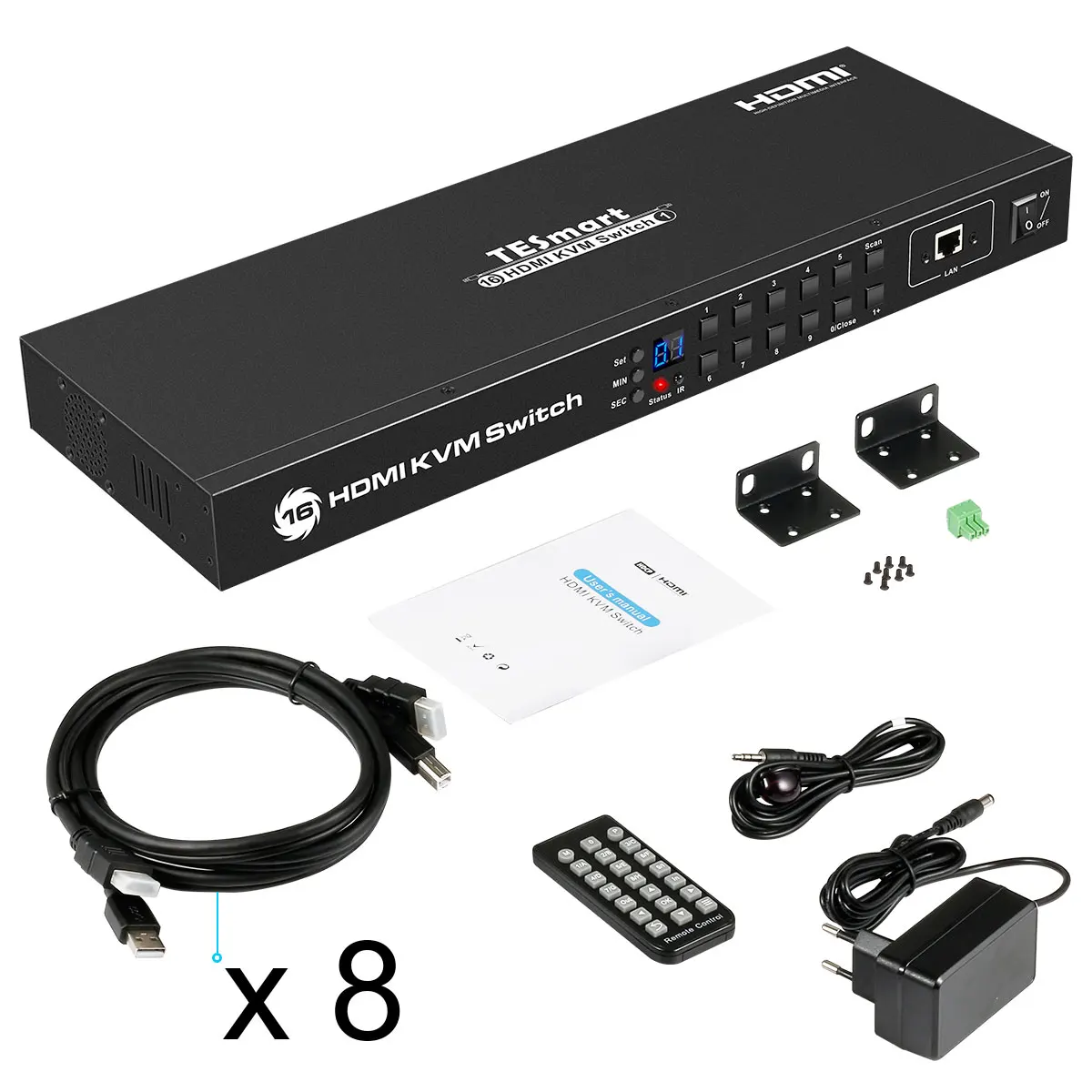 TESmart 4 к UHD 16 порты HDMI KVM Переключатель консоли стойку переключатель с 8 шт. 5ft kvm-кабель USB 2,0 устройства вход управление
