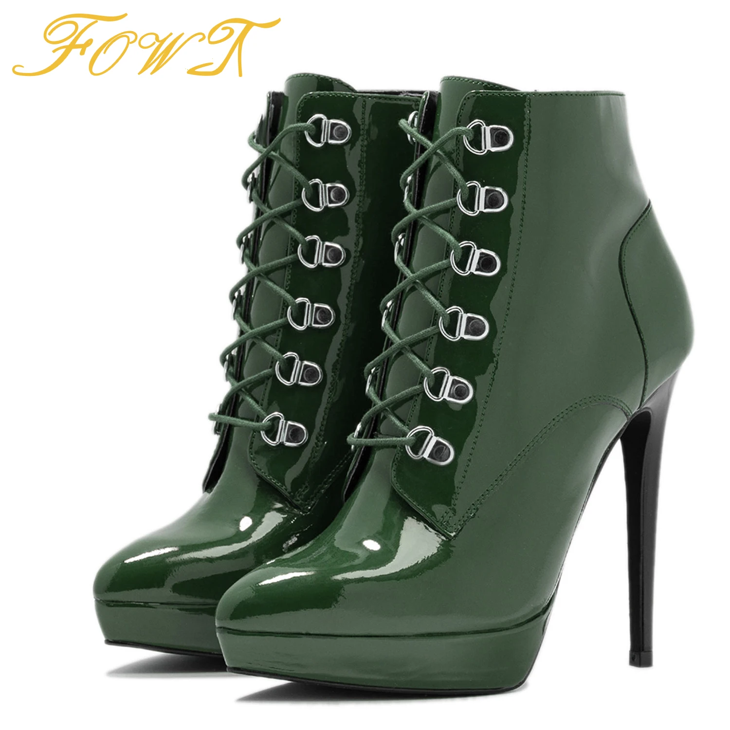 

Green High Thin Heel Platform Women Boots Lace-up Ankle Booties Almond Toe Stilettos Patent Leather Shoes For Ladies Dress FOWT