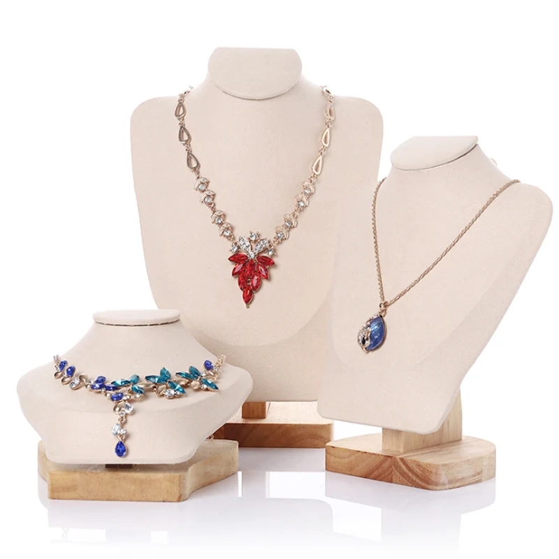 Wooden 3pcs/Lot Beige Velvet Necklaces Display Stand Rack Pendants Jewelley Display Holder Jewelry Box Organizer Props Wholesale new arrival wooden necklace bracelets earringsring set display stand jewelley display holder stand velvet jewelry box organizer