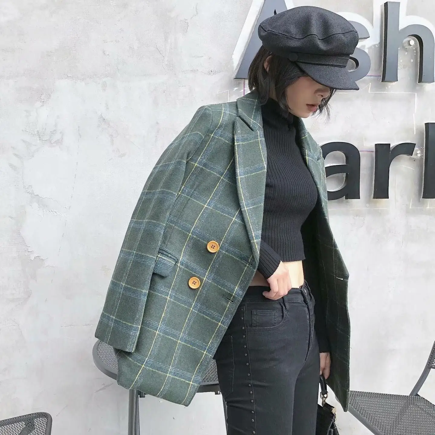 

Autumn Winter Work Women Suit Notched Casual Double-Breasted Pocket Decorative Plaid Blazer
