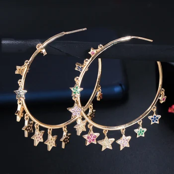 

LUALA Chic 585 Gold Color Rainbow CZ Cubic Zirconia Dangling Colourful Star Charm Big Circle Hoop Earrings for Women