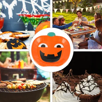 

16 Pcs Disposable Paper Plates Round Pumpkin Plates for Halloween
