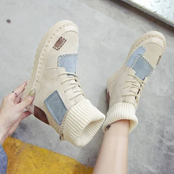 

Women's Fashion Patchwork Sock Boots Ladies Casual Platform Flat Woman Warm Plush Footwear Female Sewing Shoes 2020 Winter
