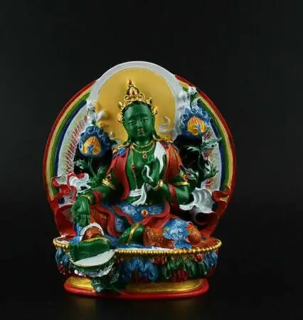 

Collection Chinese Tibet Buddhism Resin Colour Drawing Green Tara Guanyin Boddhisattva Small Statue