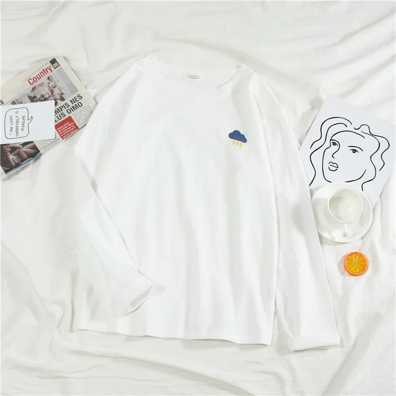 Милые топы с вышивкой из мультфильма, Женская свободная футболка с длинным рукавом, Осенние однотонные свободные футболки Harajuku, Женский o-образный вырез, Однотонная футболка - Цвет: Белый