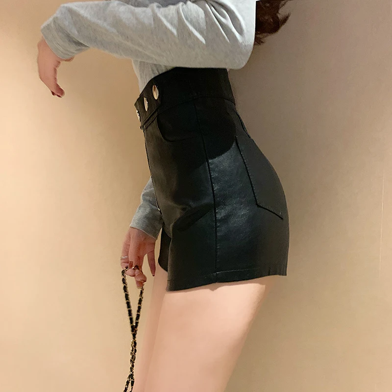 S-2xl кожаные черные шорты женские новые шорты из искусственной кожи женские на осень зима Высокая талия короткие Feminino
