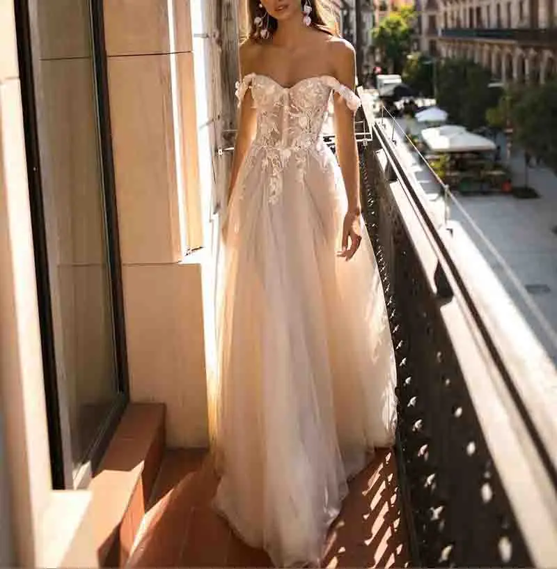 

SSYFashion New Romantic Lace Flower Evening Dress Off-the-shoulder Appliques Beading Long Beach Formal Gowns Vestido De Noche