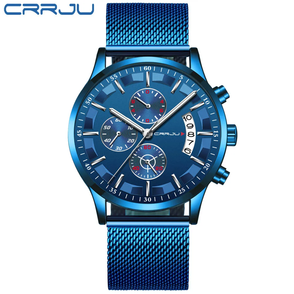 blue blue silver Дизайн CRRJU Роскошные мужские часы модные спортивные наручные часы водонепроницаемые кварцевые мужские часы сетка сталь синий Relogio Masculino - Цвет: blue blue silver