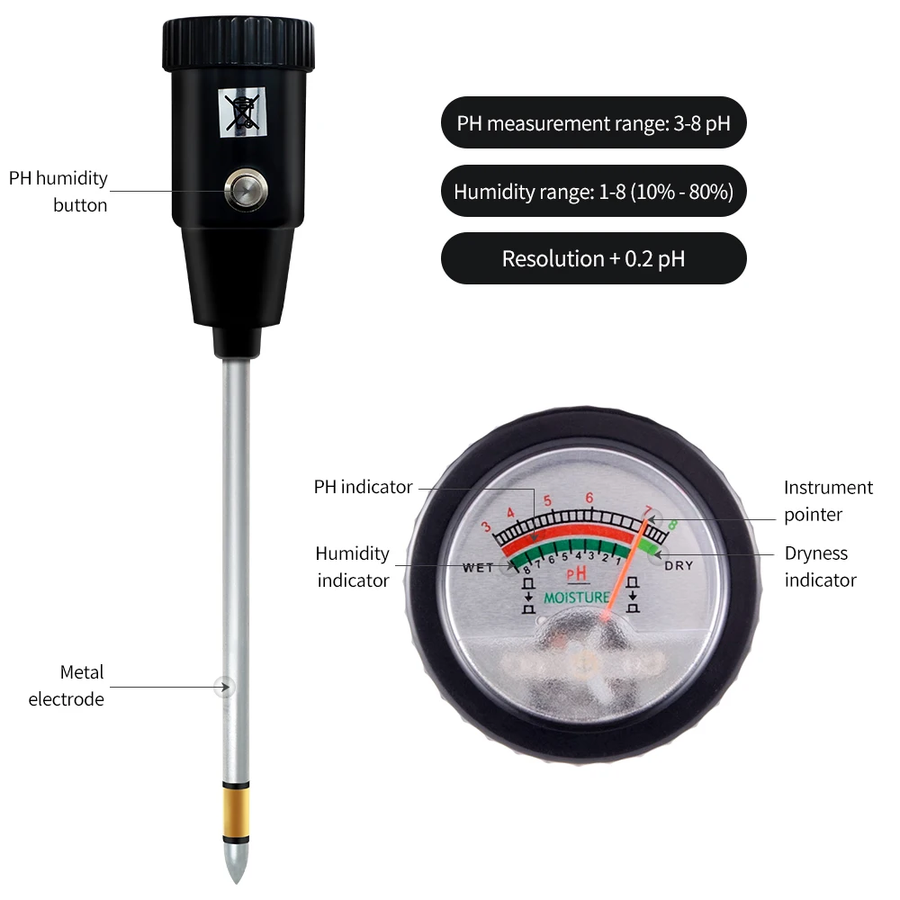 Soil pH & Moisture Tester with 295mm Long Metal Probe Waterproof Soil Tester Kit Tools for Garden Flower Farm soil moisture sensor soil tester