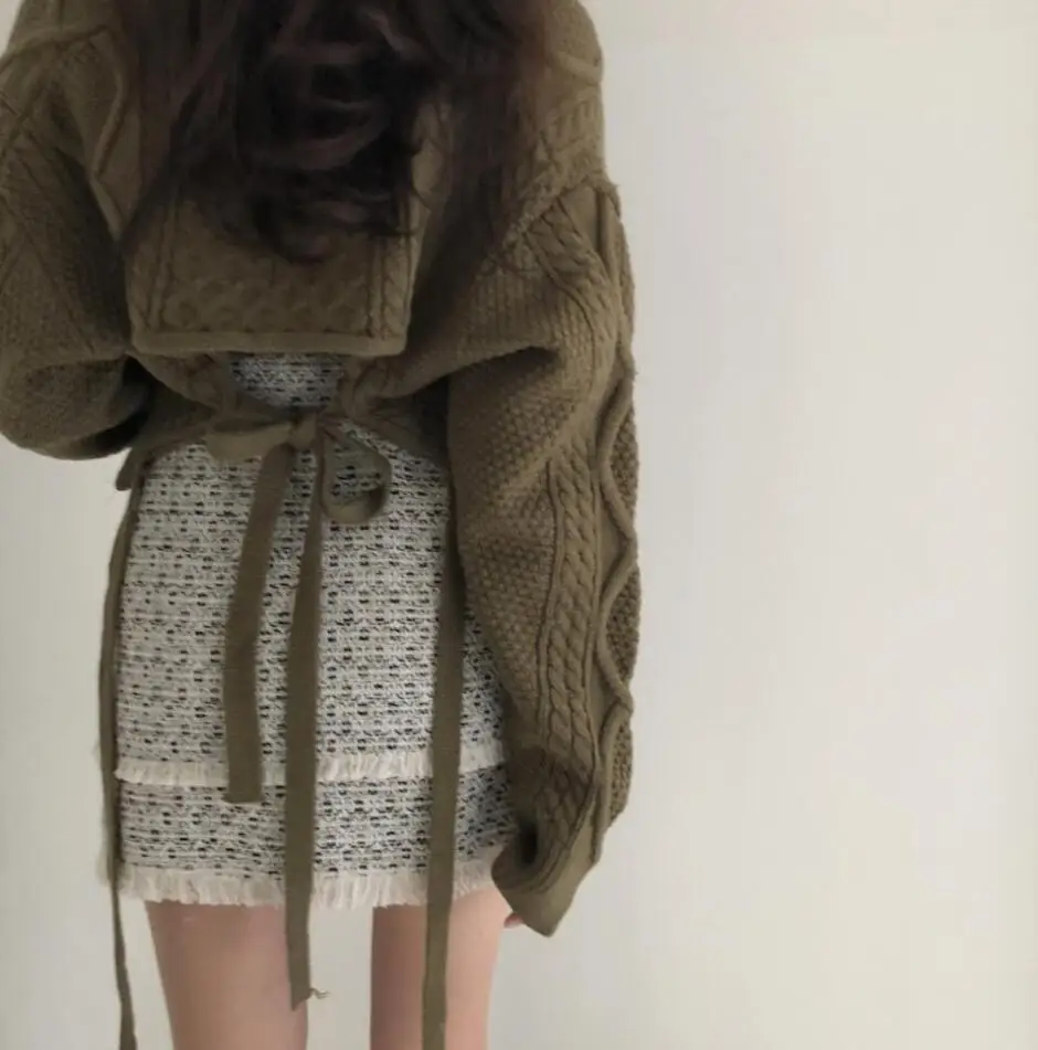 M Skirt Свитер с v-образным вырезом, Женский пуловер, теплый, с высокой талией, со шнуровкой сзади, толстый свитер, Повседневный,, зимний, женский, женский, корейский свитер - Цвет: M Skirt