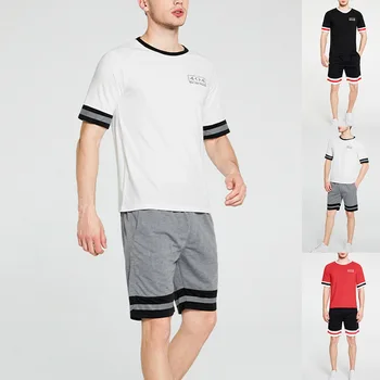 

2020 Men Sports Casual Set Fashion 2 PCS Summer Sportsuit Stripe Printed Short Sleeve Tee Tops Shorts Tracksuit Male Sportswear