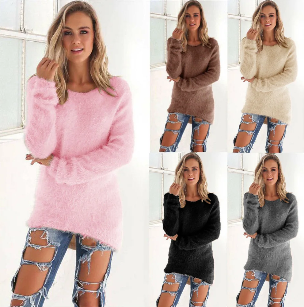 Suéter fino y esponjoso con cuello redondo para mujer, Jersey holgado informal liso, venta al por mayor, envío directo, primavera y otoño