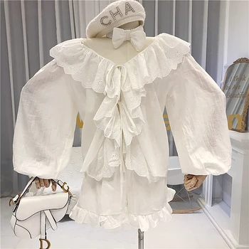 

French Style Women Sets Clothes Pullover Ruffles V-Neck Puff Sleeve + Elastic Waist Shorts 2 Piece Set Women white