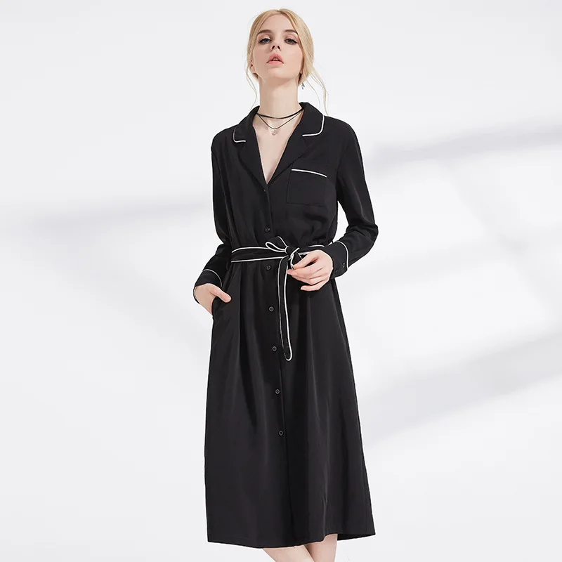 Best Price Lange Mouwen Jurk Zwart Casual Vrouwen 2019 Herfst Nieuwe High-end Kwaliteit Mid-Kalf Sjerpen A-lijn Chiffon Slanke nachtkleding Party