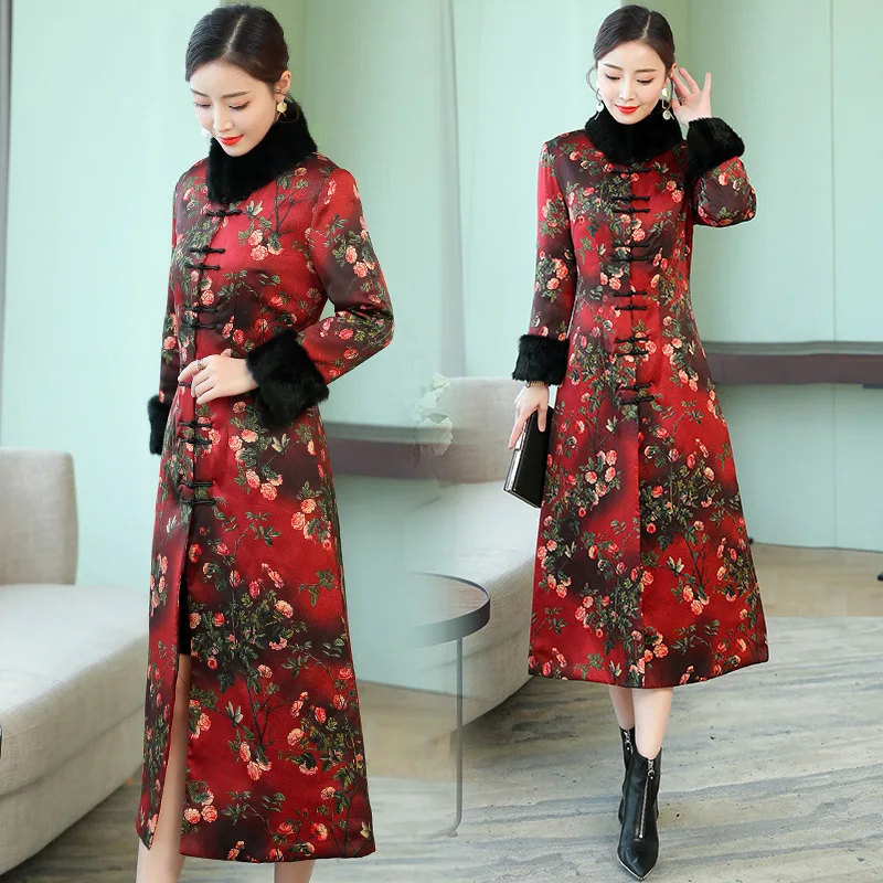 

Winter 2019 New Style Women Red Cheongsam Dress Overcoat Mid-length Chinese-style Long Sleeve Winter Style Thick-Style