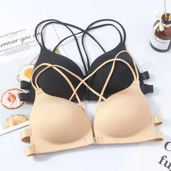 

Front Button Vest Bra With 2-piece Set Thin Strap Cross Solid Color Back Wrapped Summer Traceless Breathable Bra One Size Sexy