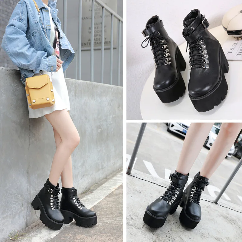 Bootee/ г. Женские осенние ботинки с круглым носком женские ботинки Martins на массивном каблуке со шнуровкой Женская Низкая обувь Лолита рок