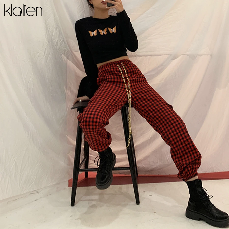 KLALIEN трендовые красные клетчатые брюки-карго с высокой талией Харадзюку повседневные уличные Женские Брюки с карманами