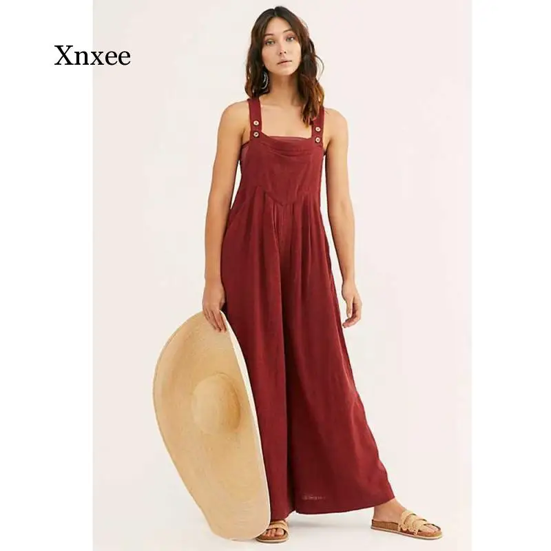 

Summer Women's Jumpsuit Ladies Loose Cotton and Linen Pockets Solid Color Mid-Waist Full-Length Button Fly Casual Pant