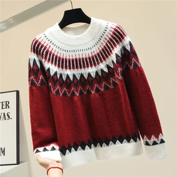 

Red Sweater Women's New Autumn and Winter Thick Warm Wool Sweater Loose Jumper Retro Pattern Sweater Ladies Streetwear Pull