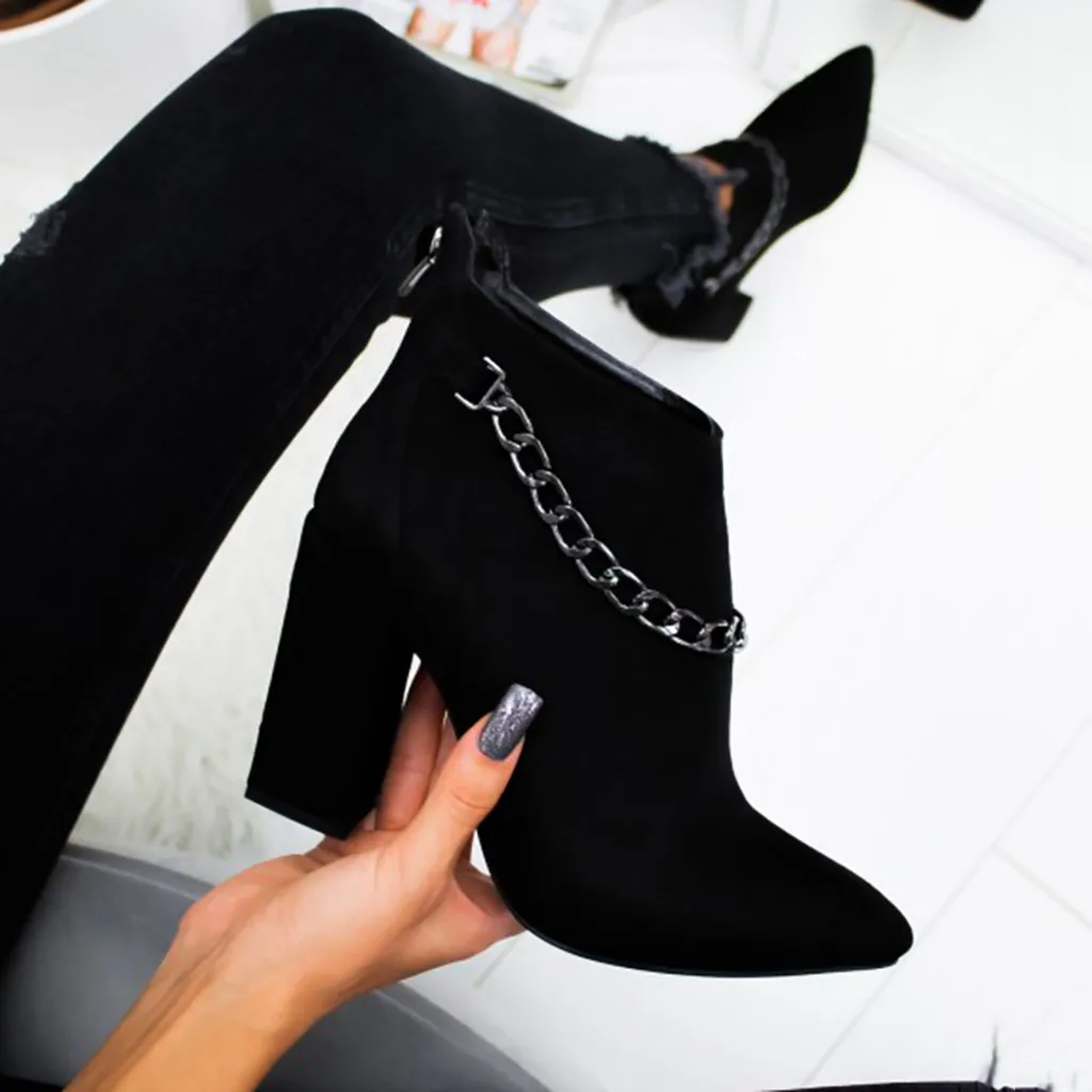 

Women's Sexy Ankle Boots Winter Pointed Casual Suede Short Boot Fashion Female High Heel Shoes With Chain Wedding Party Botas