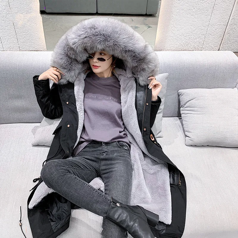 Black Teddy gray Новинка, Женское пальто из искусственного меха, длинный рукав, с капюшоном, имитация лисьего меха, x-длинные парки, женское повседневное модное тонкое плотное теплое зимнее пальто - Цвет: Black Teddy gray