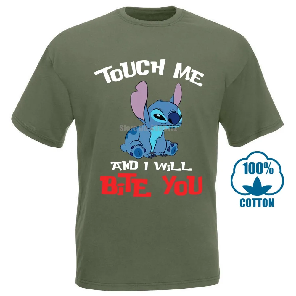 Армейский зеленый Футболки с вышивкой Touch Me And I Will Bite You Lilo And Stitch, черная футболка с рисунком, Мужская футболка унисекс, новая модная футболка 011531 - Цвет: Армейский зеленый