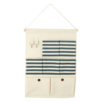 

Pockets Wall Hanging Storage Bags Cotton Linen Door Waterproof Pouch Bedroom Wall Hanging Home Office Organizer Decor Blue+White