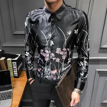 

Mens Long Sleeve Shirt Personality Floral Print Blouse Male Business Casual Lapel Shirts Spring New Arrival White Black