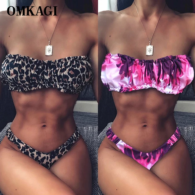 US $10.69 OMKAGI Bandeau Swimsuit Female Sexy Solid Leopard Swimwear Women Swimsuit High Cut Bikini Bathing S
