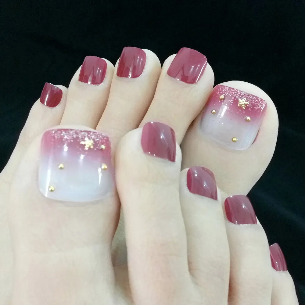 

24 Pcs 3D Artificial Fake Toenails Glitter Clear French False Toe Nails Wine Red Lady Foot Nail Art For Manicure