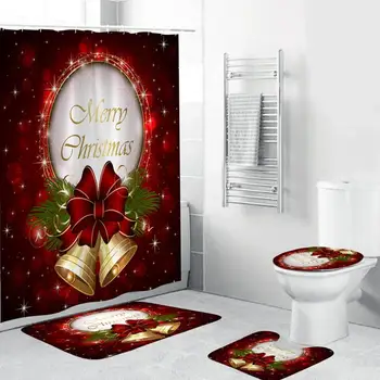 

4pcs/set Christmas Bell Waterproof Shower Curtain Pedestal Rug Toilet Cover Mat Carpet Set Bathroom Accessory