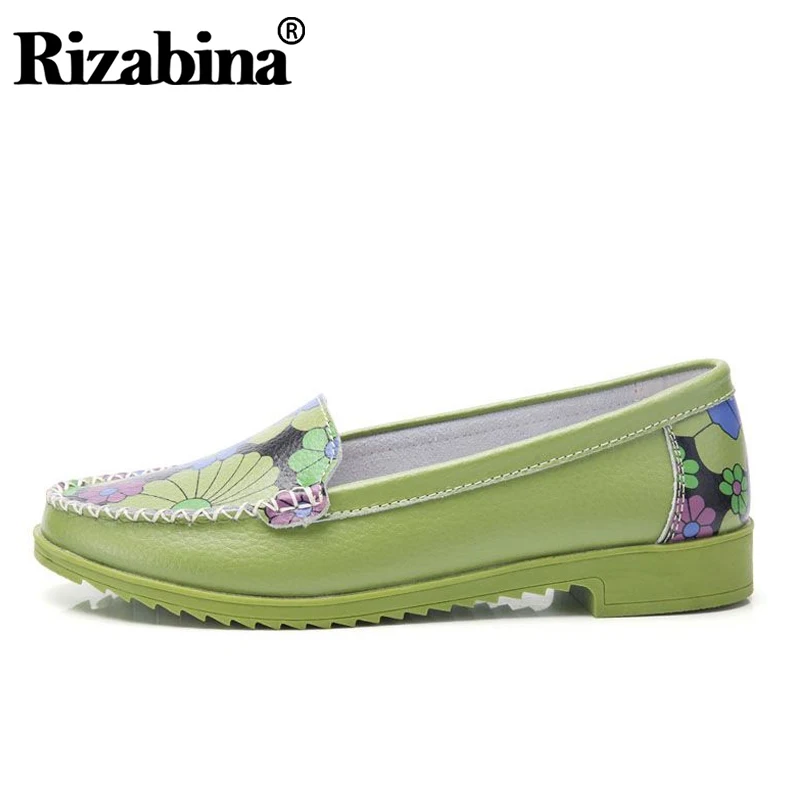 

RIZABINA Women Genuine Leather Flats Shoes Fashion Flowers Print Casual Loafers Shoes Women Round Toe Flat Footwear Size 35-41