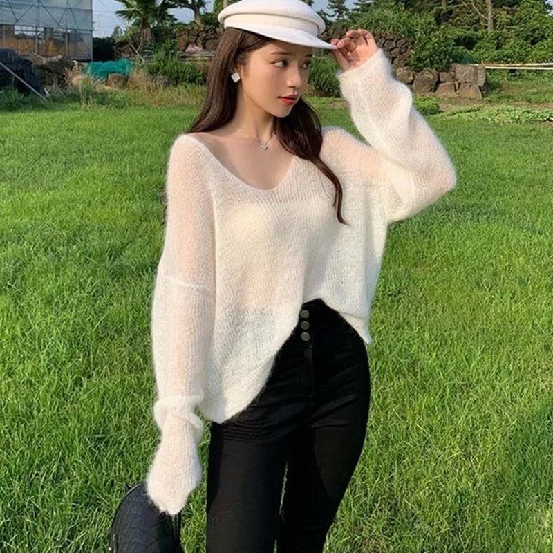 

2023 Spring Autumn Korean Chic Mohair Thin Hollow Out Tops Women V-neck Pullover Vintage Knitted Jumper Femme Knitwear Y67