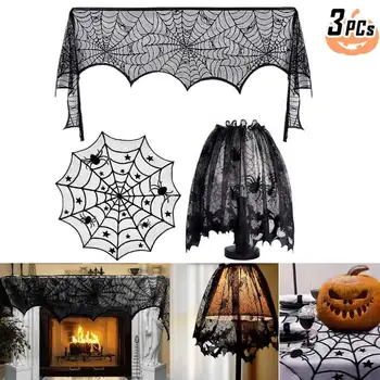 

3Pcs/Set Halloween Lace Props Lamp Shade Table Runner Spider Web Lace Ribbon Decor Kit Rfireplace scarf T99