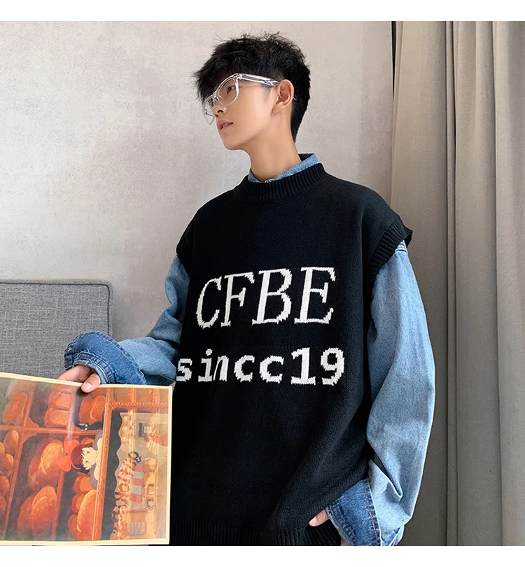Winter Ins Sleeveless Sweater Vest Male Chic Korean Trend Vest Jacket Students Loose Knitted Letter Embroidery Male Sweater