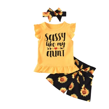 

1-6Y Summer Casual Toddler Baby Girls Clothes Sets Letter Print Ruffles Sleeve T Shirts Tops+Floral Pants Short Headband Outfit