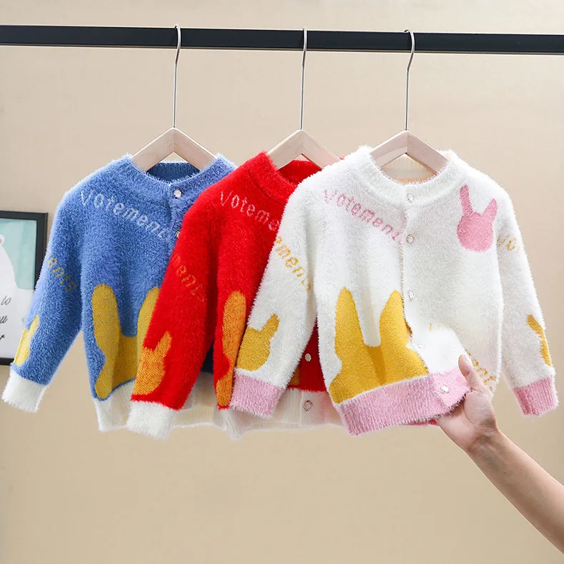 

2019 Autumn Childrenswear Small CHILDREN'S-Rabbit Korean-style Yarn Mink Cashmere Coat GIRL'S Cardigan Sweater