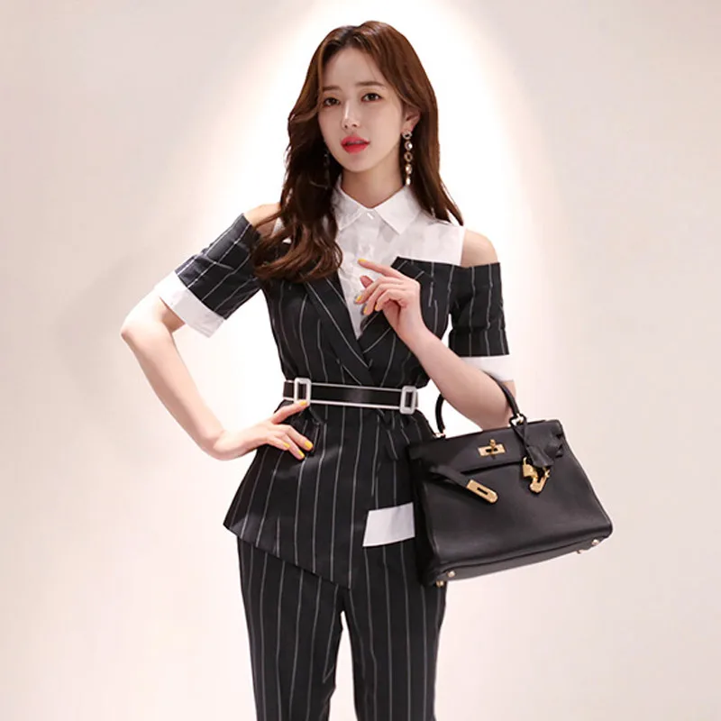 

New Style Two-Piece 2019 Summer Wear Korean-style Slim Fit Joint Striped Shirt-Style WOMEN'S Pants Business Suit